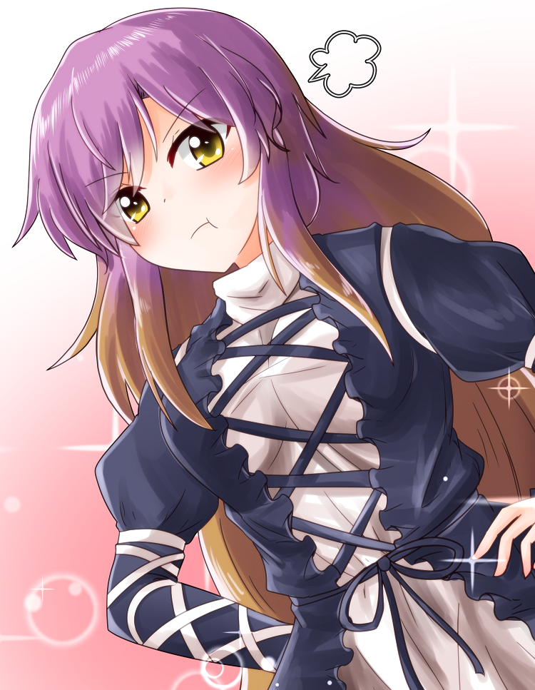 1girl brown_hair dress gradient_hair hijiri_byakuren layered_dress multicolored_hair oshiaki pout purple_hair simple_background solo sparkle_background touhou yellow_eyes