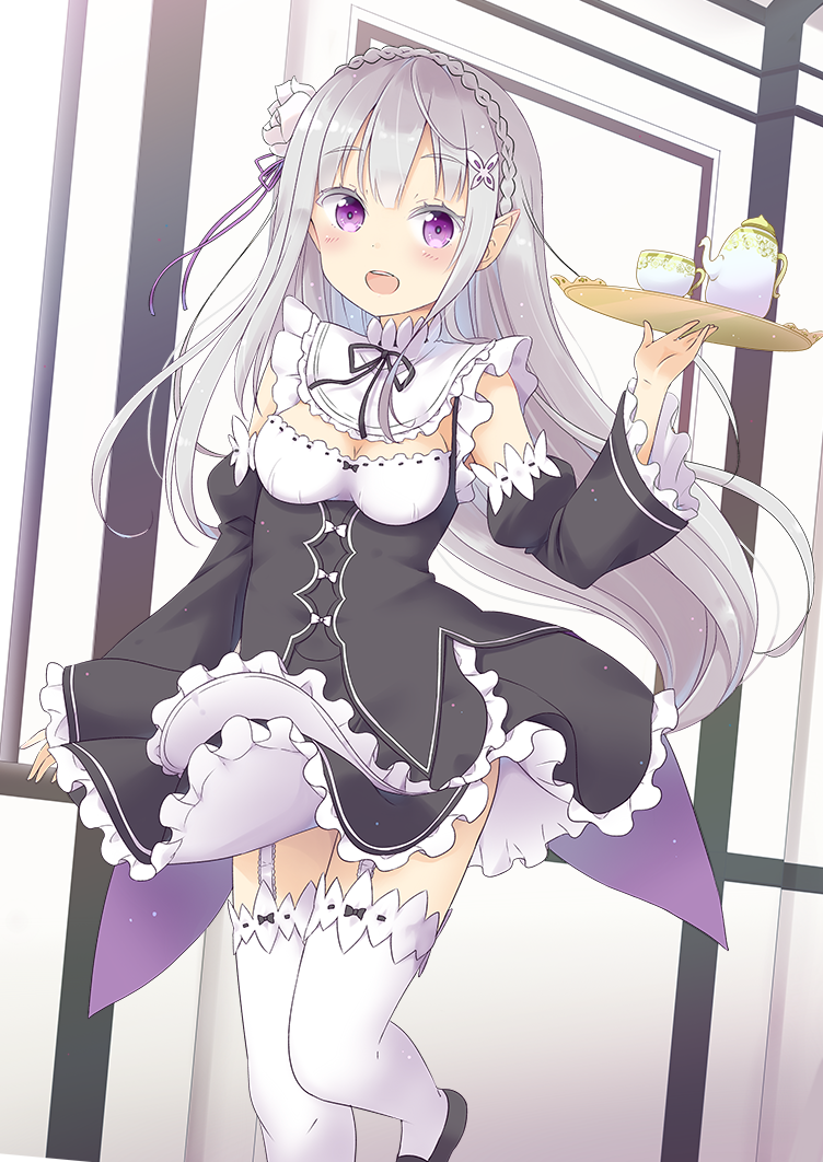 1girl :d apron bangs blush breasts butterfly_hair_ornament cleavage collar cosplay cup detached_collar detached_sleeves dutch_angle emilia_(re:zero) eyebrows_visible_through_hair floating_hair flower frilled_apron frilled_collar frilled_sleeves frills garter_straps hair_flower hair_ornament hair_ribbon holding holding_tray indoors leg_up long_hair looking_at_viewer open_mouth purple_ribbon re:zero_kara_hajimeru_isekai_seikatsu rem_(re:zero) rem_(re:zero)_(cosplay) ribbon silver_hair small_breasts smile solo standing standing_on_one_leg teacup teapot teeth thigh-highs tray violet_eyes waist_apron white_flower white_legwear yoshikita_popuri