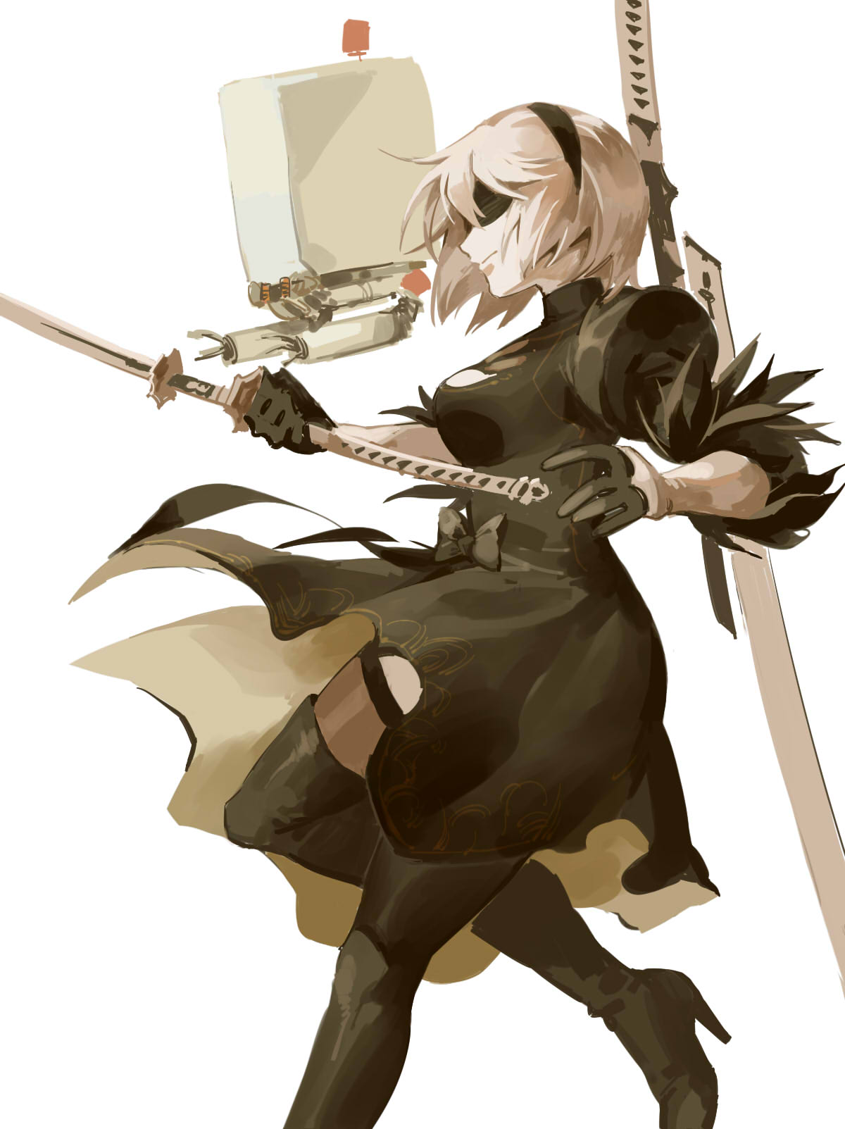 1girl black_dress blindfold boots breasts dress expressionless from_side hairband high_heel_boots high_heels highres holding holding_sword holding_weapon long_sleeves nier_(series) nier_automata pod_(nier_automata) profile puffy_long_sleeves puffy_sleeves ruukii_drift short_dress short_hair simple_background small_breasts solo sword thigh-highs thigh_boots weapon white_background yorha_no._2_type_b