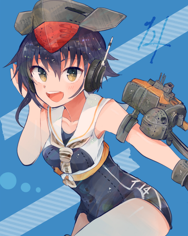 1girl asymmetrical_hair black_hair blue_background brown_eyes close-up gloves hair_between_eyes headphones i-14_(kantai_collection) itomugi-kun kantai_collection leaning_forward looking_at_viewer open_mouth partly_fingerless_gloves sailor_collar school_swimsuit short_hair single_glove solo swimsuit upper_body