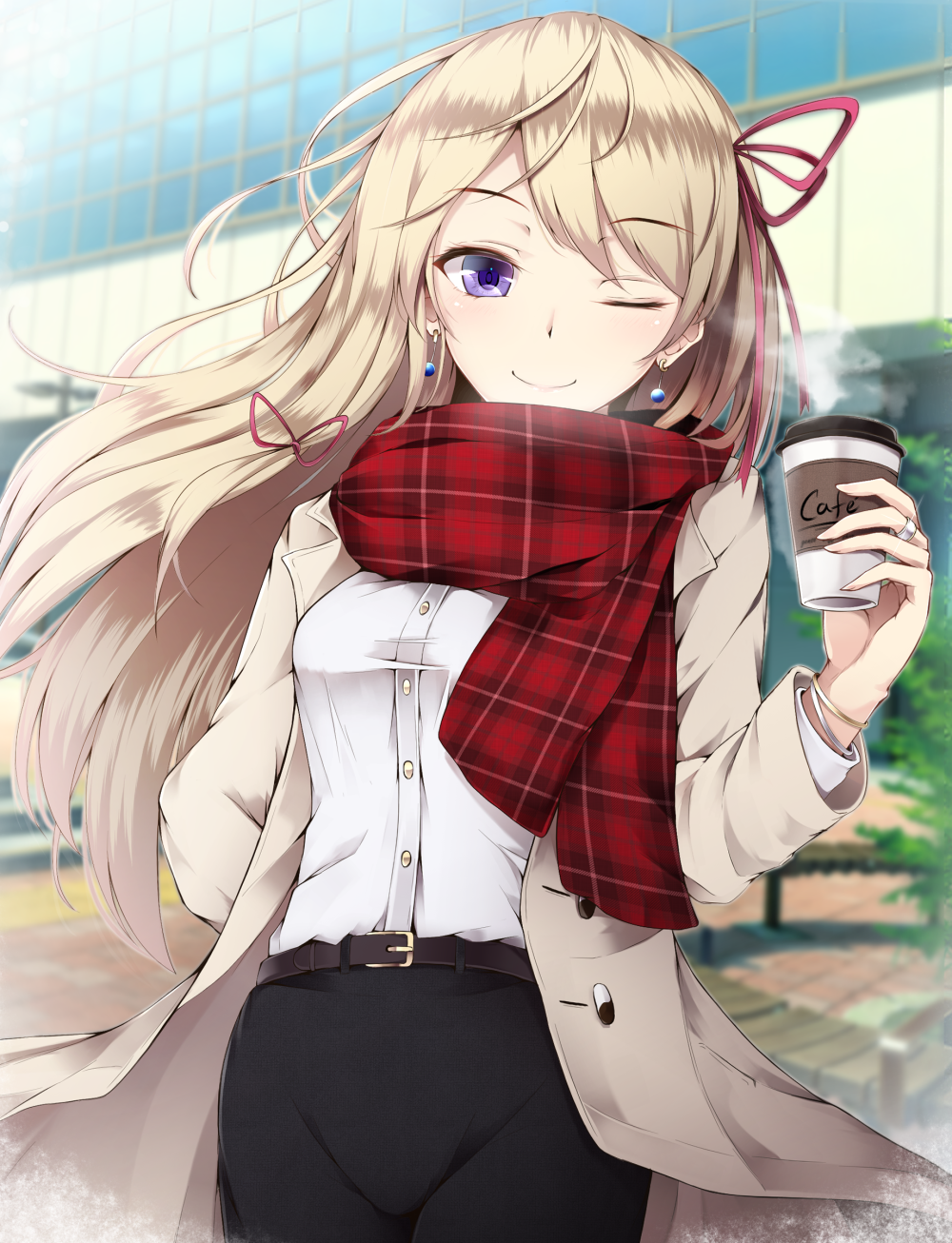 1girl ;) alternate_costume bangs belt black_pants blonde_hair blurry blurry_background blush bracelet breasts brown_coat building coat coffee coffee_cup contemporary day dress_shirt earrings eyebrows hair_ribbon hand_in_pocket highres jewelry long_hair looking_at_viewer no_hat no_headwear one_eye_closed outdoors pants purple_pupils red_scarf reflective_eyes ribbon scarf shiny shirt small_breasts smile solo steam sunlight touhou tree unmoving_pattern very_long_hair violet_eyes white_shirt wind yakumo_yukari yutaka_saki_shu