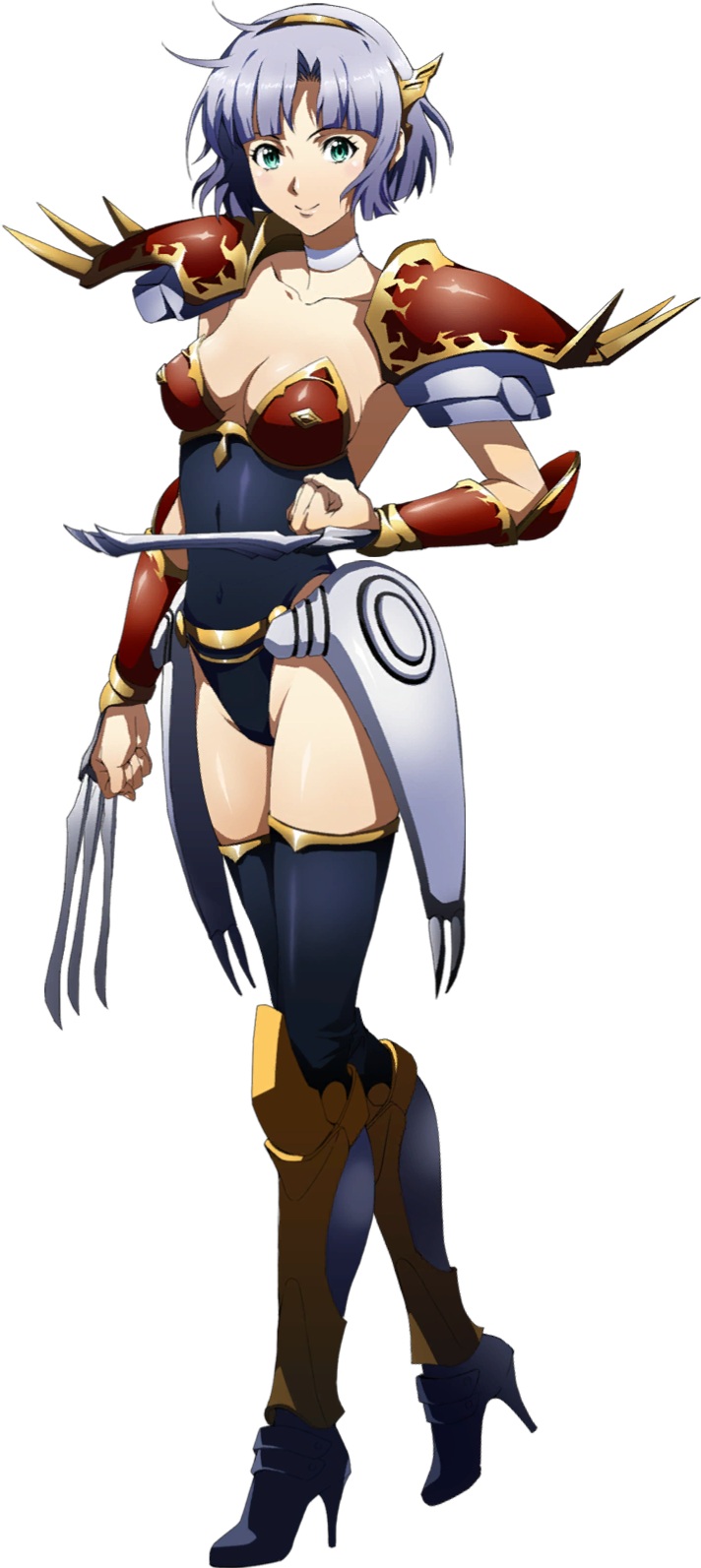1girl aqua_eyes armor armored_boots black_legwear black_leotard boots brenda_(langrisser) brown_hairband choker claw_(weapon) closed_mouth collarbone faulds full_body hairband high_heel_boots high_heels highleg highleg_leotard highres langrisser langrisser_ii leotard looking_at_viewer official_art sherry_(langrisser) shiny shiny_hair short_hair shoulder_armor silver_hair smile solo standing strapless strapless_leotard thigh-highs transparent_background weapon white_choker