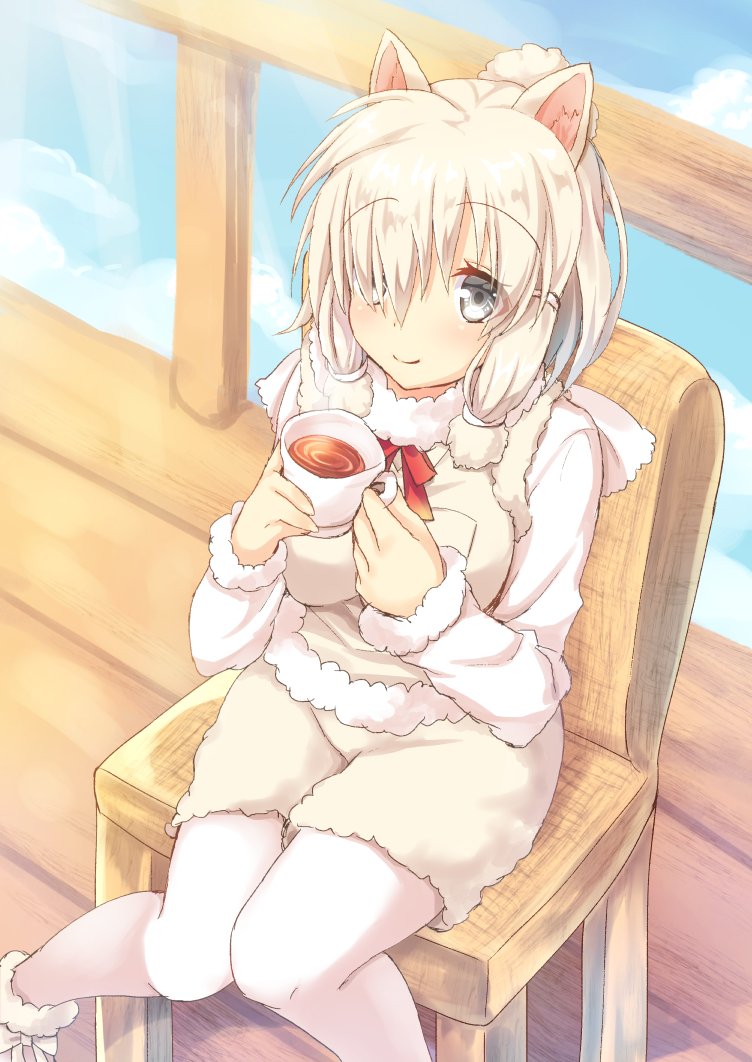 1girl alpaca_ears alpaca_suri animal_ears ankle_boots beige_boots beige_vest blonde_hair blue_eyes blue_sky blush boots breast_pocket breasts chair clouds cloudy_sky commentary cup day dot_nose eyebrows_visible_through_hair eyelashes fur-trimmed_boots fur-trimmed_sleeves fur_collar fur_trim hair_bun hair_over_one_eye hair_ribbon holding holding_cup kemono_friends knees_together_feet_apart large_breasts long_sleeves looking_at_viewer looking_up nagare_yoshimi neck_ribbon pantyhose pantyhose_under_shorts plump pocket ribbon shirt shoe_ribbon short_hair shorts sitting sky smile solo tail tareme tea teacup tress_ribbon vest white_legwear white_ribbon wooden_floor