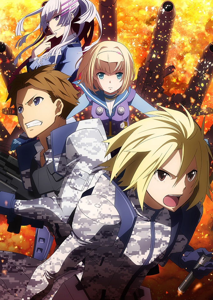 2boys 2girls blonde_hair blue_eyes brown_eyes brown_hair camouflage clenched_teeth fire floating_hair frolaytia_capistrano hair_ornament hairband havia_winchell heavy_object holding holding_weapon key_visual looking_at_viewer milinda_brantini military military_uniform multiple_boys multiple_girls official_art open_mouth qwenthur_barbotage short_hair silver_hair smile spiky_hair teeth uniform violet_eyes weapon white_hairband