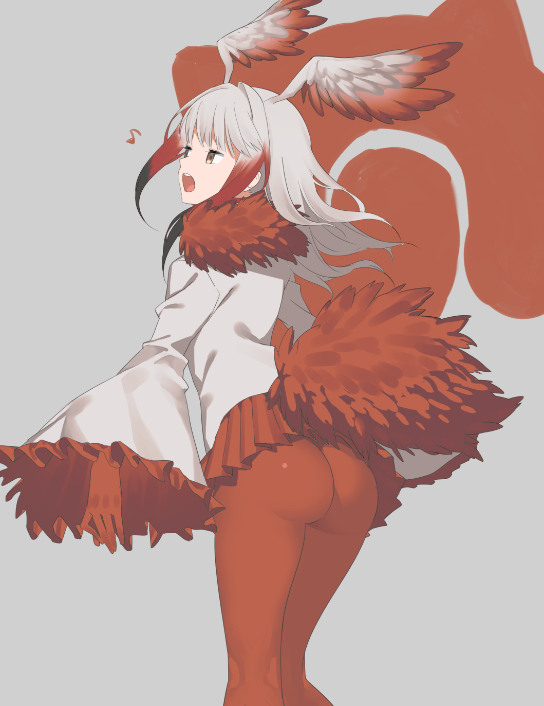 1girl 2l_(2lsize) ass bangs bird_tail blunt_bangs crested_ibis_(kemono_friends) frilled_sleeves frills gloves grey_background head_wings highres kemono_friends long_sleeves looking_at_viewer medium_hair microskirt multicolored_hair music pantyhose pleated_skirt red_gloves red_legwear red_skirt shirt silver_hair simple_background singing skirt solo two-tone_hair white_shirt yellow_eyes