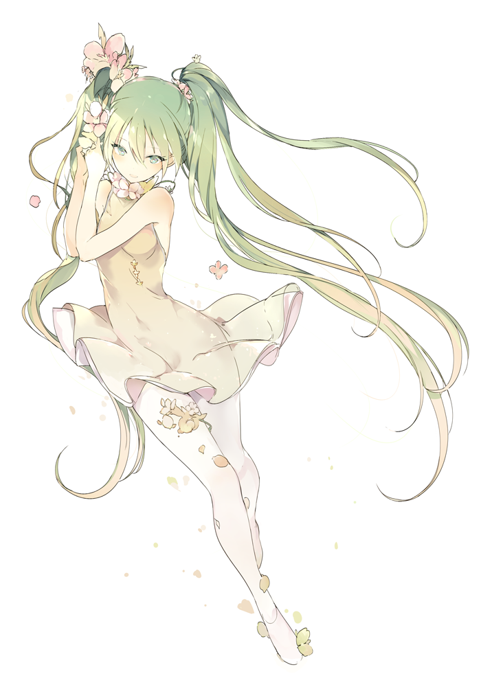 1girl blush breasts dress flower full_body green_eyes green_hair hatsune_miku long_hair looking_at_viewer lpip pale_skin petals smile solo twintails very_long_hair vocaloid white_background