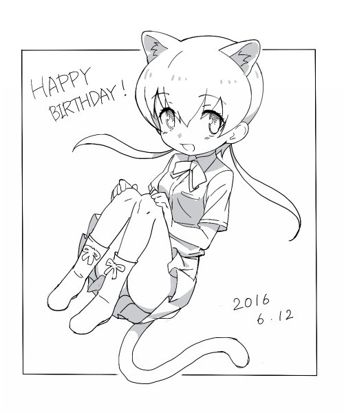 1girl :d animal_ears artist_request black_border black_panther_(kemono_friends) blush boots border collar collared_shirt dated dot_nose english eyebrows_visible_through_hair eyelashes floating floating_hair full_body hair_between_eyes hands_on_own_knees happy_birthday hatching_(texture) kemono_friends knees_together_feet_apart long_hair looking_at_viewer low_twintails monochrome neck_ribbon official_art open_mouth outside_border panther_ears panther_tail pleated_skirt pocket ribbon sanpaku shirt shoe_ribbon short_sleeves simple_background skirt smile solo tail tareme twintails white_background