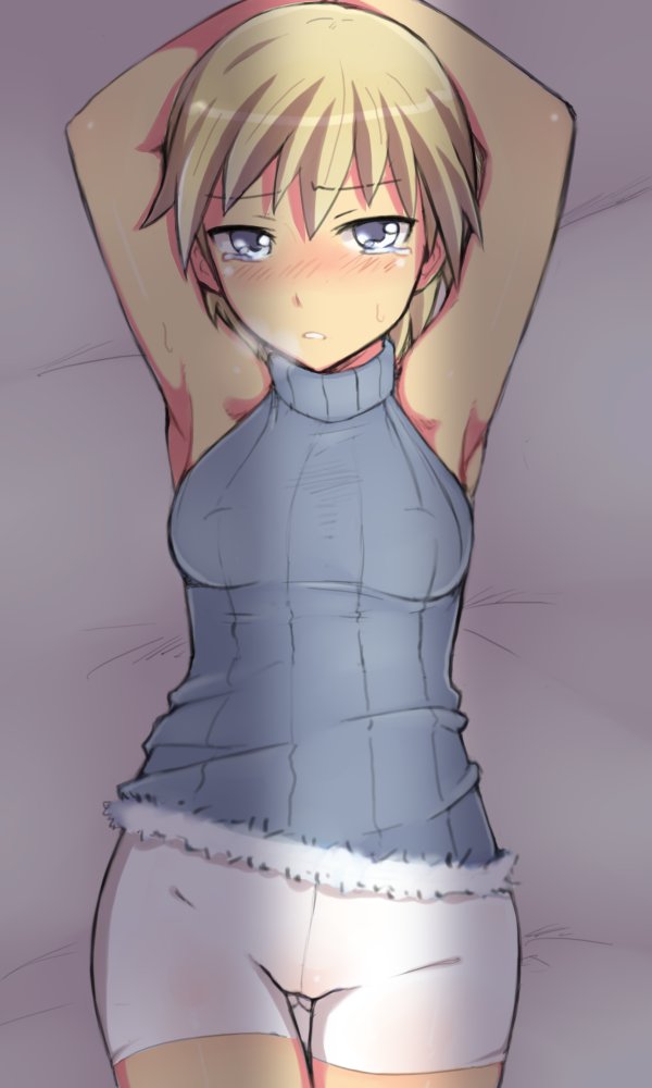 1girl armpits arms_up bangs bed bike_shorts blonde_hair blue_eyes blush brave_witches breasts breath em erect_nipples halterneck lying nikka_edvardine_katajainen on_back open_mouth ribbed_sweater short_hair shorts sleeveless sleeveless_turtleneck small_breasts solo sweater tearing_up tears thigh_gap turtleneck violet_eyes white_shorts world_witches_series