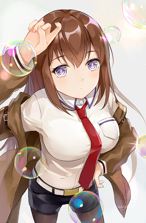 1girl artist_name belt blush breasts brown_hair bubble collared_shirt cowboy_shot denim denim_shorts diffraction_spikes from_above hand_on_head hand_on_hip jacket long_hair looking_at_viewer looking_up makise_kurisu necktie off_shoulder shirt shorts solo steins;gate tamaxi123 violet_eyes