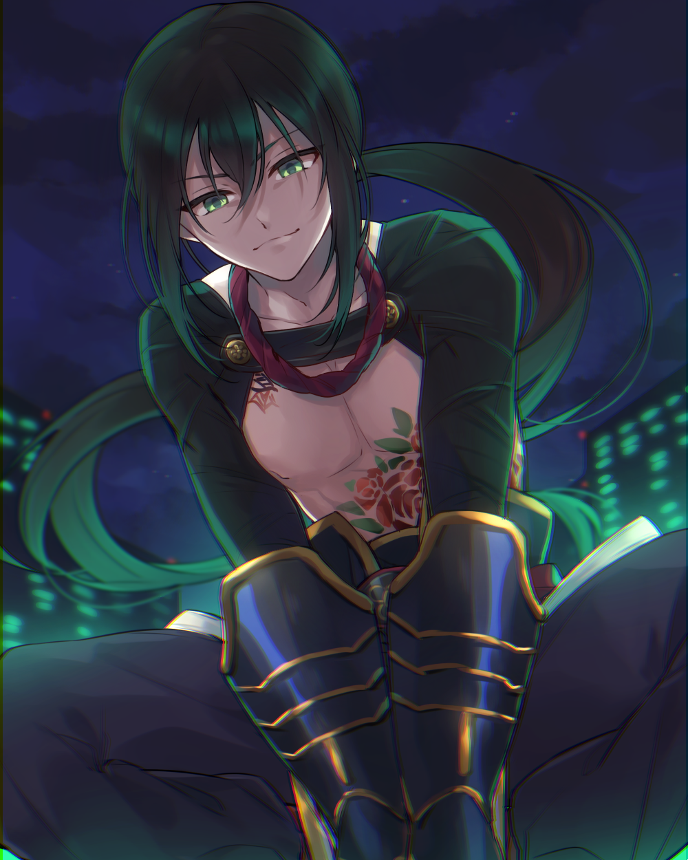 1boy black_hair chest citron_82 city fate/grand_order fate_(series) green_eyes highres long_hair looking_at_viewer male_focus night ponytail smile yan_qing_(fate/grand_order)