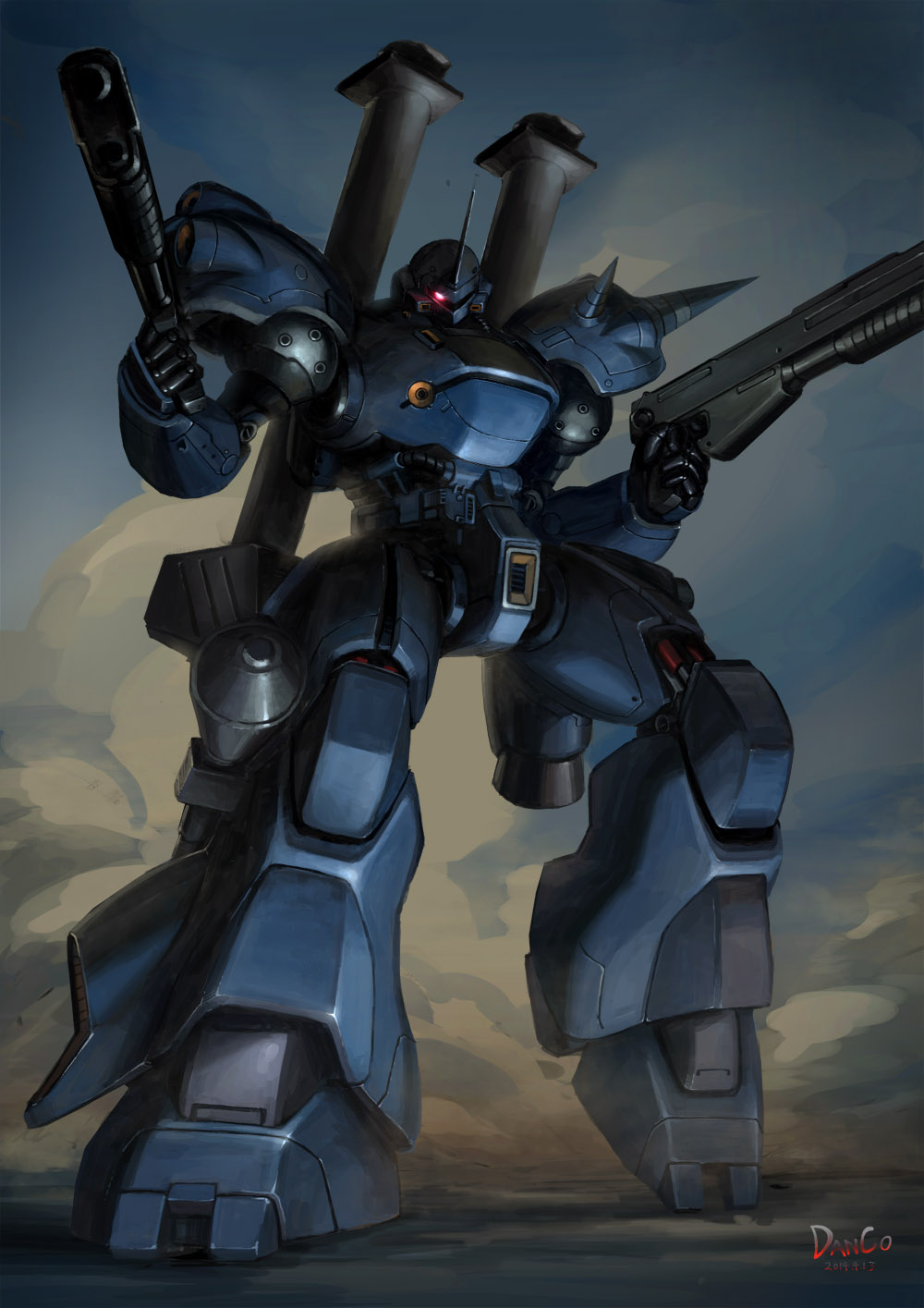 bazooka dated duan_henglong dust glowing glowing_eye gun gundam gundam_0080 highres kampfer_(mobile_suit) mecha no_humans shotgun signature smoke solo spikes weapon