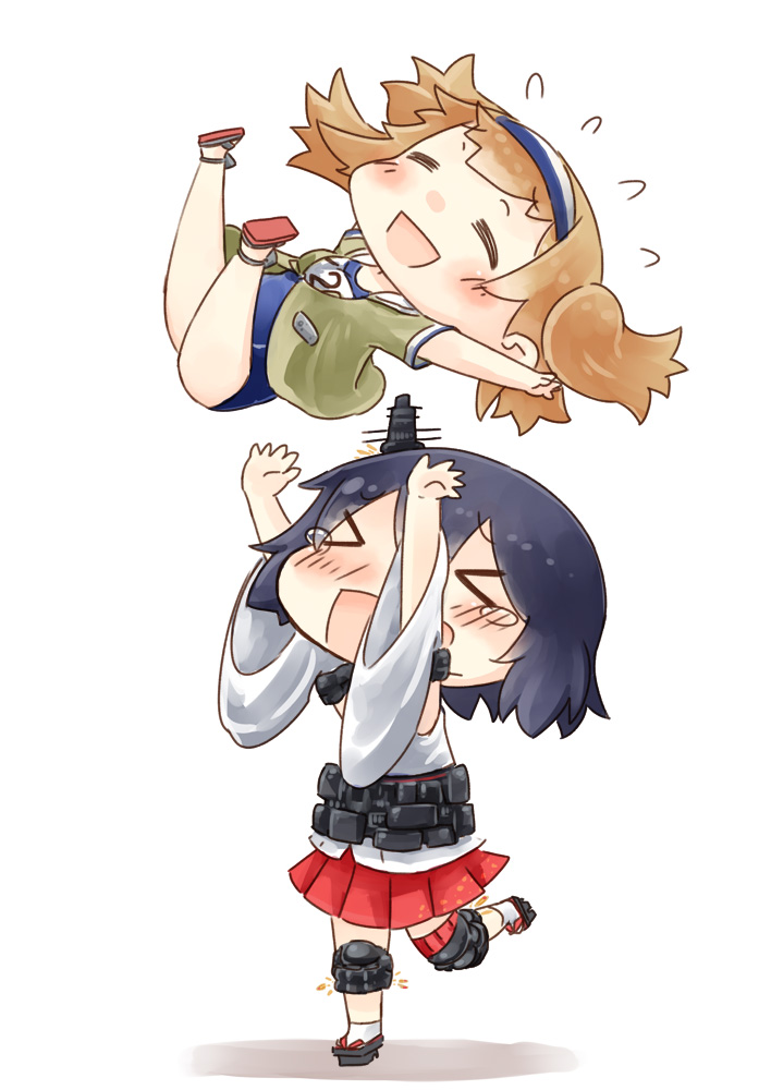 &gt;_&lt; 2girls :d arms_up black_hair brown_hair chibi closed_eyes commentary_request detached_sleeves hair_ornament hairband hinata_yuu i-26_(kantai_collection) jacket kantai_collection long_hair multiple_girls nontraditional_miko open_mouth pleated_skirt school_swimsuit short_hair simple_background skirt smile swimsuit swimsuit_under_clothes two_side_up white_background xd yamashiro_(kantai_collection)