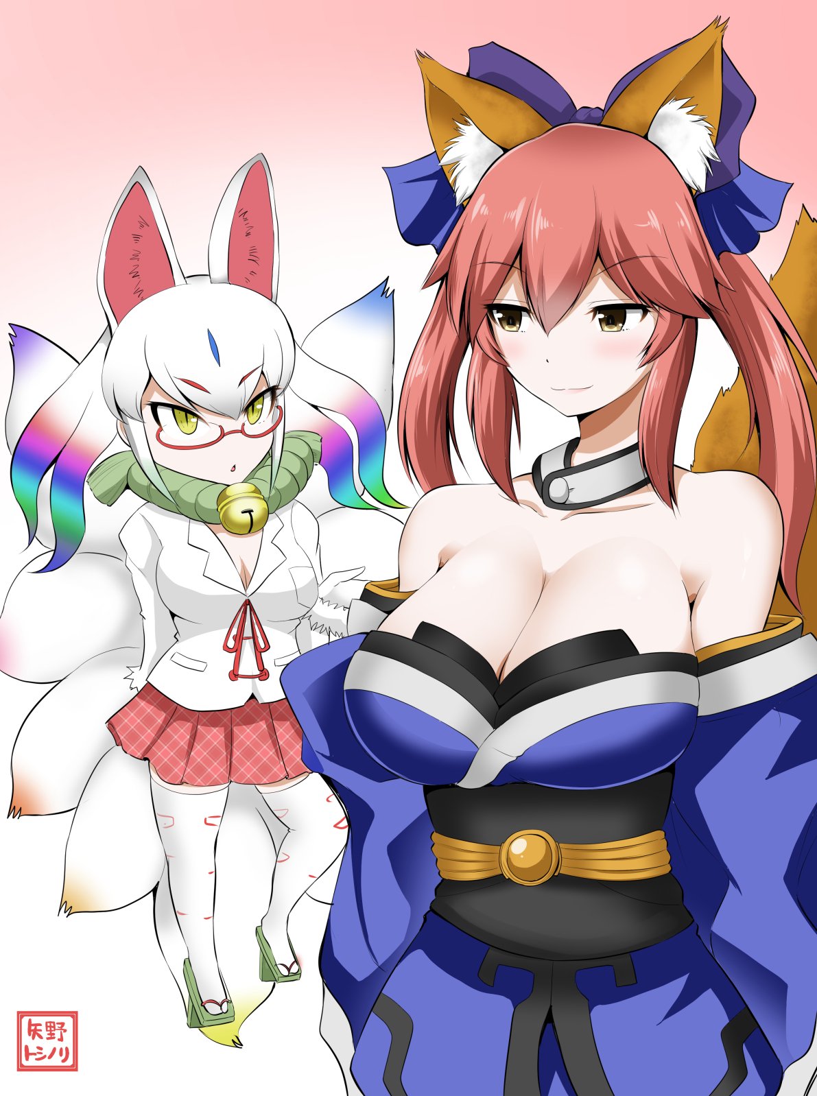 2girls animal_ears bell bell_collar bow breasts cleavage collar comic commentary_request detached_collar fate/extra fate_(series) fox_ears fox_tail fur_trim geta glasses gloves gradient gradient_background green_eyes hair_bow highres jacker jacket japanese_clothes kemono_friends kimono kitsune kyuubi_(kemono_friends) large_breasts long_hair long_sleeves multicolored_hair multiple_girls multiple_tails obi off_shoulder open_clothes open_kimono open_mouth orange_hair pleated_skirt rope sash shimenawa sidelocks skirt smile tail tamamo_(fate)_(all) tamamo_no_mae_(fate) thigh-highs white_hair white_legwear wide_sleeves yano_toshinori zettai_ryouiki