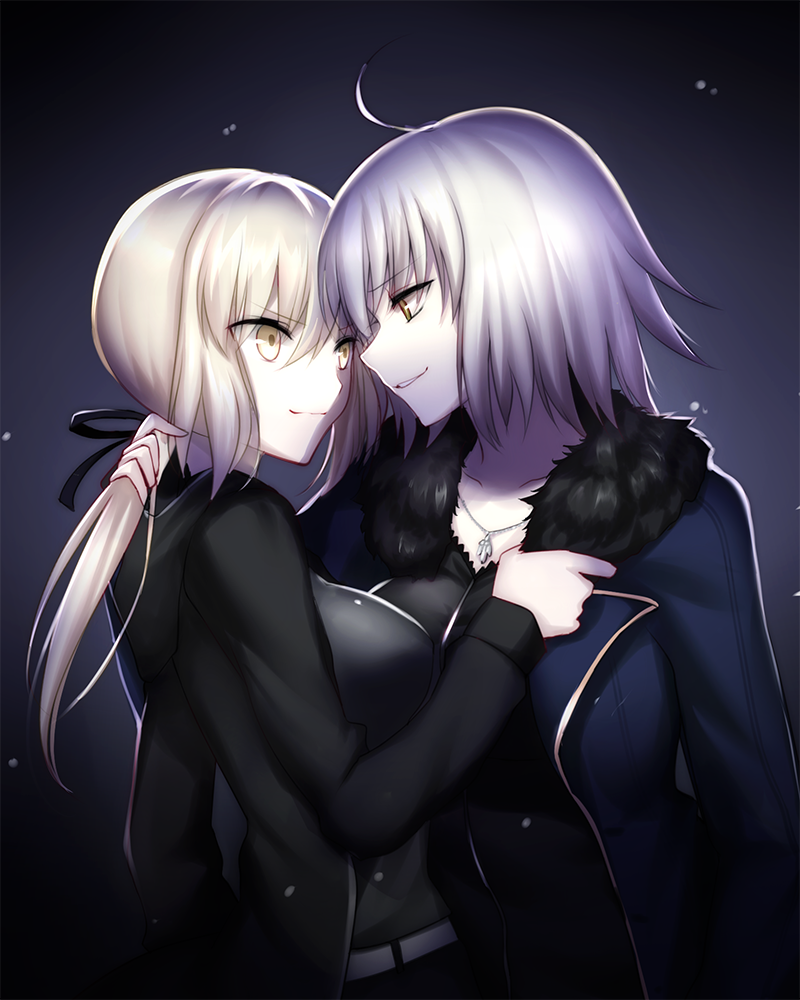 2girls ahoge belt black_dress black_jacket black_shirt blonde_hair blue_jacket breasts dark_persona dress eye_contact eyebrows_visible_through_hair fate/grand_order fate_(series) fur-trimmed_jacket fur_trim gradient gradient_background hair_ribbon hood hooded_jacket jacket jeanne_alter jewelry looking_at_another meaomao medium_breasts multiple_girls necklace ponytail ribbon ruler_(fate/apocrypha) saber saber_alter shirt short_hair smile yellow_eyes yuri