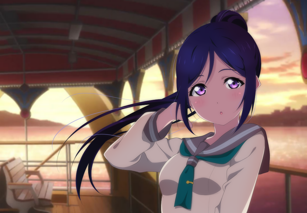 1girl blue_hair blush hand_in_hair long_hair looking_at_viewer love_live! love_live!_sunshine!! matsuura_kanan parted_lips ponytail school_uniform solo sunset violet_eyes water