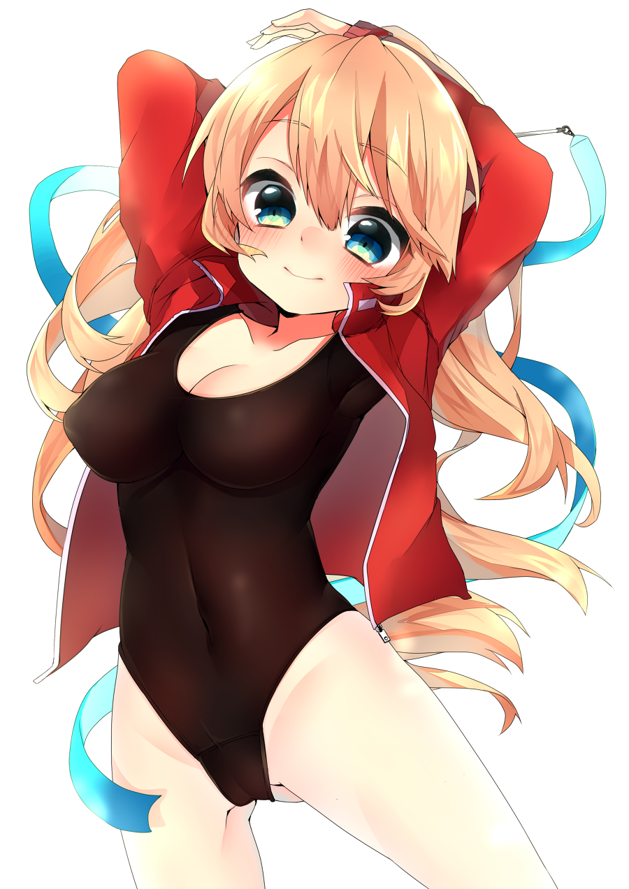 1girl 3: arm_behind_head arms_up bangs black_leotard blonde_hair blue_eyes blue_ribbon blush breasts cleavage closed_mouth collarbone covered_navel cowboy_shot erect_nipples eyebrows_visible_through_hair gluteal_fold gymnastics hair_between_eyes highres holding holding_wand jacket legs_apart leotard long_hair looking_at_viewer medium_breasts nachiru open_clothes open_jacket original rhythmic_gymnastics ribbon simple_background smile solo stretch tareme thighs track_jacket wand wavy_hair white_background