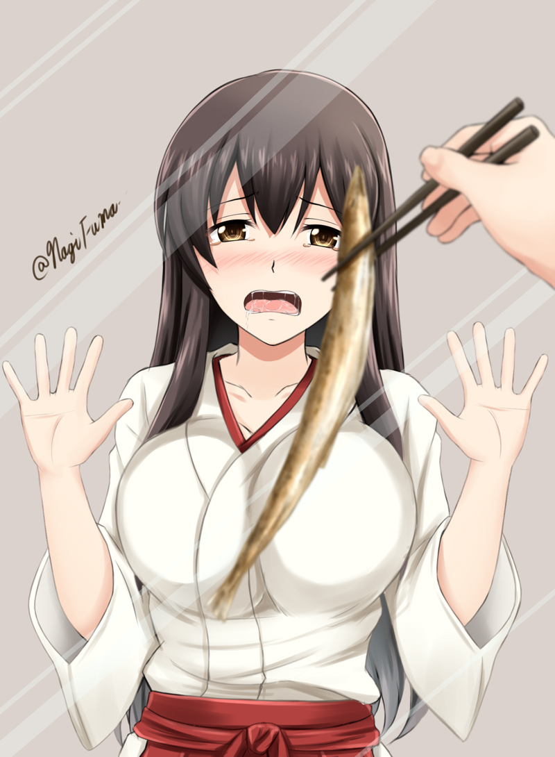 1girl against_glass akagi_(kantai_collection) black_hair blurry blush breast_press breasts brown_eyes chopsticks depth_of_field drooling fish fuuma_nagi hakama holding japanese_clothes kantai_collection large_breasts long_hair looking_at_viewer open_mouth red_hakama revision saliva saury simple_background solo_focus twitter_username