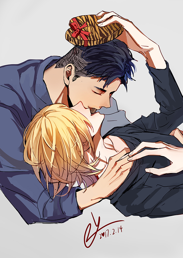 2boys 2y animal_print black_hair blonde_hair bow chocolate closed_eyes dated gift hair_over_eyes heart-shaped_box lying male_focus multiple_boys on_back otabek_altin shared_food tiger_print valentine yaoi yuri!!!_on_ice yuri_plisetsky