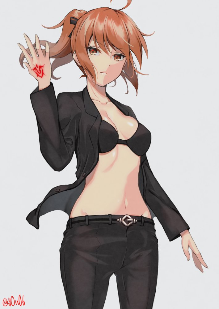 1girl arm_up black_bra bra breasts brown_eyes brown_hair command_spell dress_shirt fate/grand_order fate_(series) frown fujimaru_ritsuka_(female) groin looking_at_viewer medium_breasts navel open_clothes open_shirt orange_hair pants ponytail shirt solo twitter_username underwear white_base you06