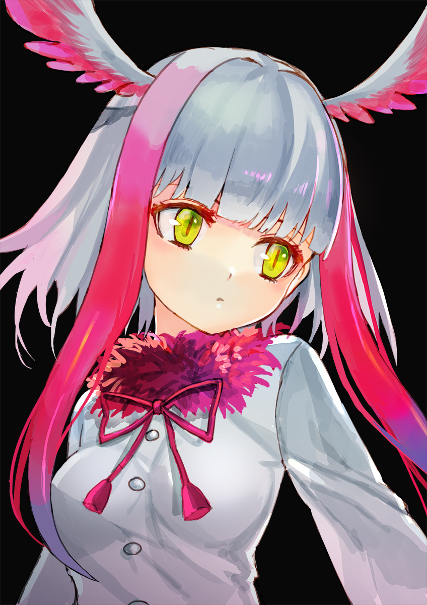 1girl bangs black_background blunt_bangs breasts buttons crested_ibis_(kemono_friends) fur_trim head_wings highres kemono_friends long_hair long_sleeves looking_to_the_side multicolored_hair open_mouth ruisento shirt sidelocks simple_background slit_pupils solo two-tone_hair upper_body white_hair yellow_eyes