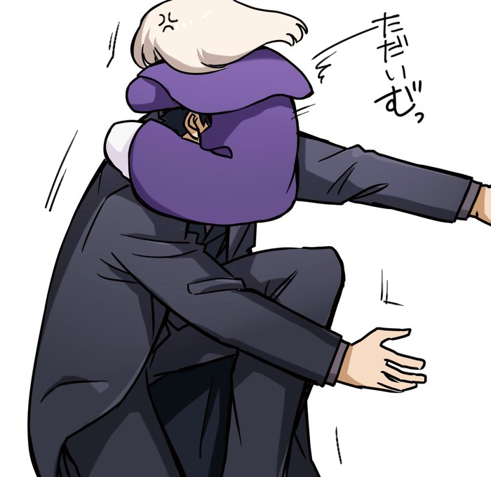 1boy 1girl anger_vein black_jacket black_pants commentary_request emiya_kiritsugu face_hug fate/zero fate_(series) father_and_daughter illyasviel_von_einzbern jacket long_sleeves pants purple_capelet purple_coat simple_background white_background yuuma_(u-ma)