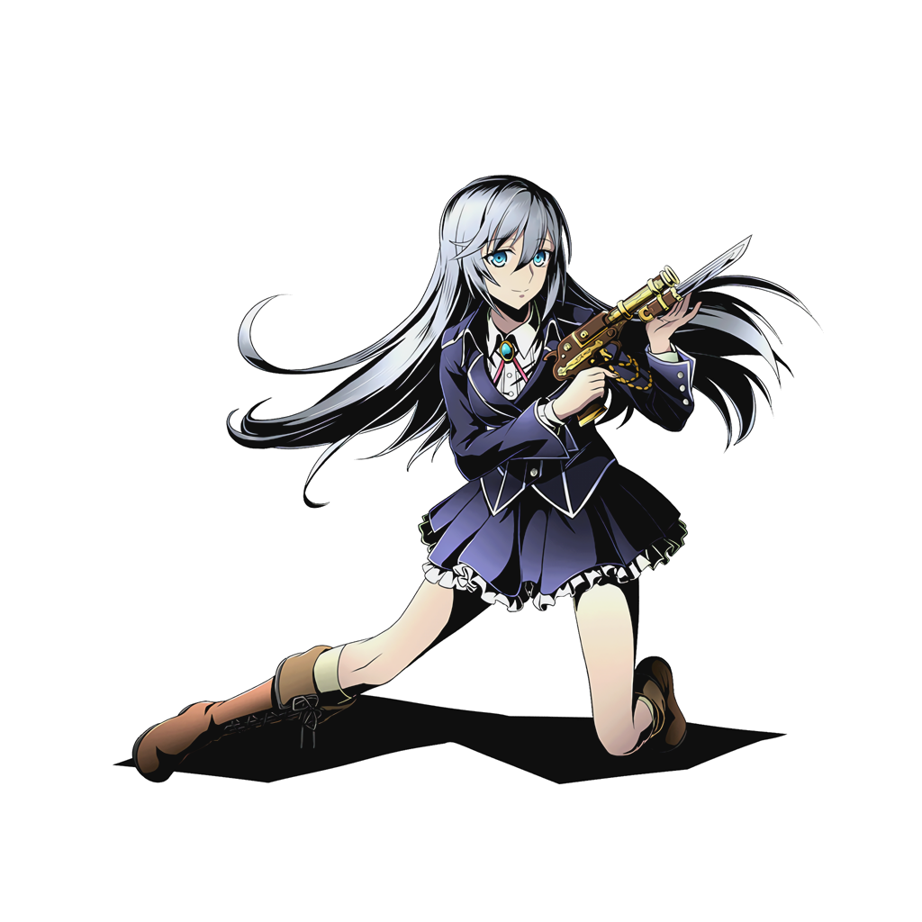 1girl blue_eyes blue_skirt boots brown_boots divine_gate eyebrows_visible_through_hair full_body grey_hair gunblade hair_ornament knee_boots kneehighs la_folia_rihavein long_hair looking_at_viewer official_art one_knee pleated_skirt skirt smile solo strike_the_blood transparent_background ucmm weapon