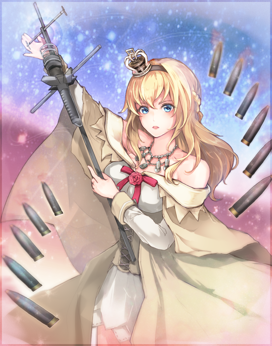 1girl akira_(aky-la) ammunition bare_shoulders blonde_hair blue_eyes braid collarbone commentary_request corset crown dress french_braid hairband highres holding jewelry kantai_collection long_hair looking_at_viewer mini_crown necklace off-shoulder_dress off_shoulder revision scepter solo staff warspite_(kantai_collection)