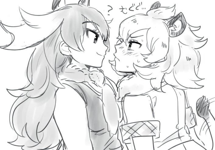 2girls animal_ears blush eye_contact kanimuraebio kemono_friends lion_(kemono_friends) lion_ears lion_tail long_hair looking_at_another monochrome moose_(kemono_friends) moose_ears multiple_girls scarf short_sleeves tail translation_request