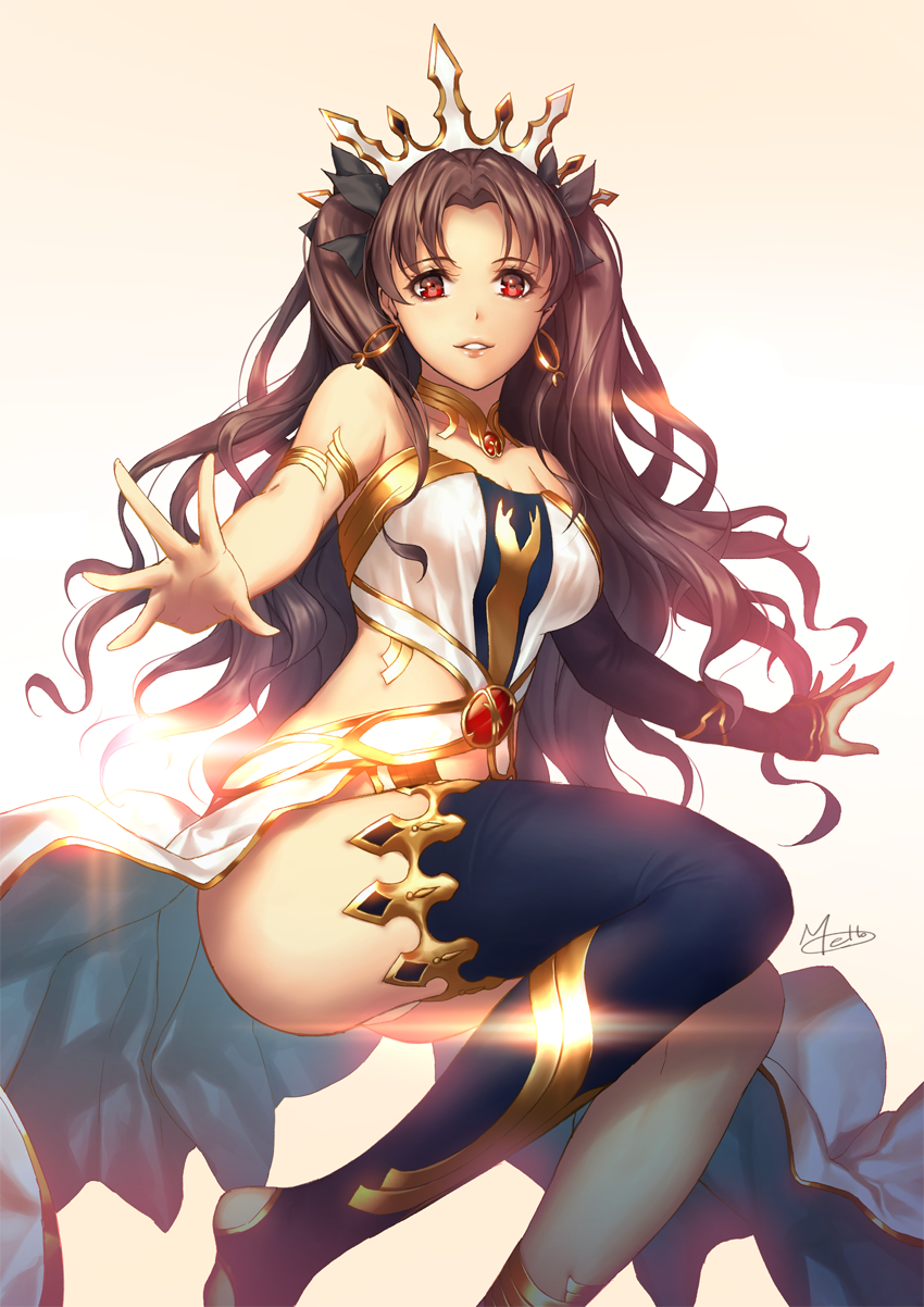 1girl anklet armlet artist_name asymmetrical_legwear asymmetrical_sleeves bangs bare_shoulders barefoot black_hair black_legwear bridal_gauntlets crown earrings elbow_gloves fate/grand_order fate_(series) floating floating_hair glint gloves gradient gradient_background hair_ribbon highres hoop_earrings ishtar_(fate/grand_order) jewelry long_hair looking_at_viewer magic metto neck_ring parted_bangs red_eyes ribbon single_elbow_glove single_thighhigh smile solo thigh-highs toeless_legwear tohsaka_rin toosaka_rin two_side_up