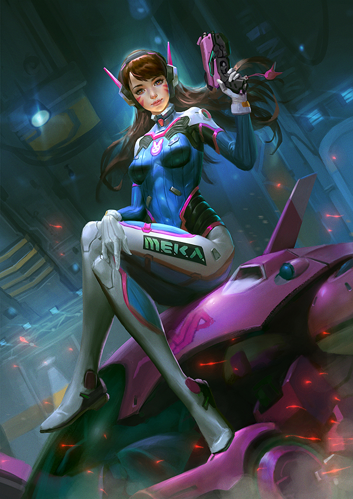 1girl acronym alternate_eye_color animal_print arm_cannon bangs blue_bodysuit bodysuit boots bracer breasts breasts_apart brown_eyes brown_hair bunny_print character_name charm_(object) closed_mouth d.va_(overwatch) eyelashes facepaint facial_mark gloves gun hand_on_lap hand_up hanzheng_tang headphones indoors knee_pads legs_crossed legs_together lips long_hair long_sleeves mecha medium_breasts meka_(overwatch) nose overwatch pauldrons pilot_suit pink_lips ribbed_bodysuit shoulder_pads sitting skin_tight skindentation smile solo thigh_boots thigh_strap trigger_discipline turtleneck violet_eyes weapon whisker_markings white_boots white_gloves
