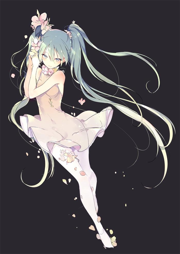 1girl blush breasts dark_background dress flower full_body green_eyes green_hair hatsune_miku long_hair looking_at_viewer lpip pale_skin petals smile solo twintails very_long_hair vocaloid