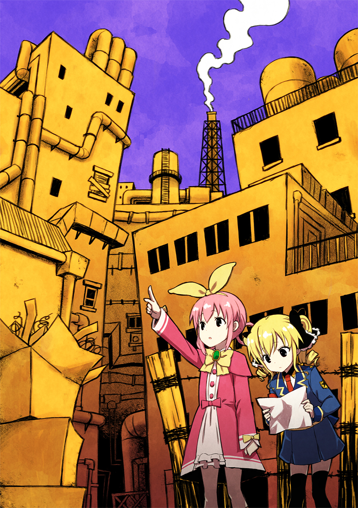 2girls :o :| akechi_kokoro alternate_eye_color arm_at_side armband bent_over black_eyes black_legwear black_ribbon blazer blonde_hair blue_skirt bow box building buttons capelet cardboard_box chimney cityscape clenched_hand closed_mouth detective dot_nose dress expressionless eyebrows_visible_through_hair eyelashes frilled_dress frilled_ribbon frills gem grid hair_ornament hair_ribbon hair_rings hairband holding holding_paper index_finger_raised jacket long_hair long_sleeves looking_afar multiple_girls neck_ribbon necktie night outdoors paper pink_bow pink_hair pipes pointing police police_uniform purple_sky red_necktie ribbon ringlets saiko_dagashi sherlock_shellingford skirt sky smoke stairs standing tantei_opera_milky_holmes tareme thigh-highs tower twintails uniform window yellow_hairband yellow_ribbon zettai_ryouiki