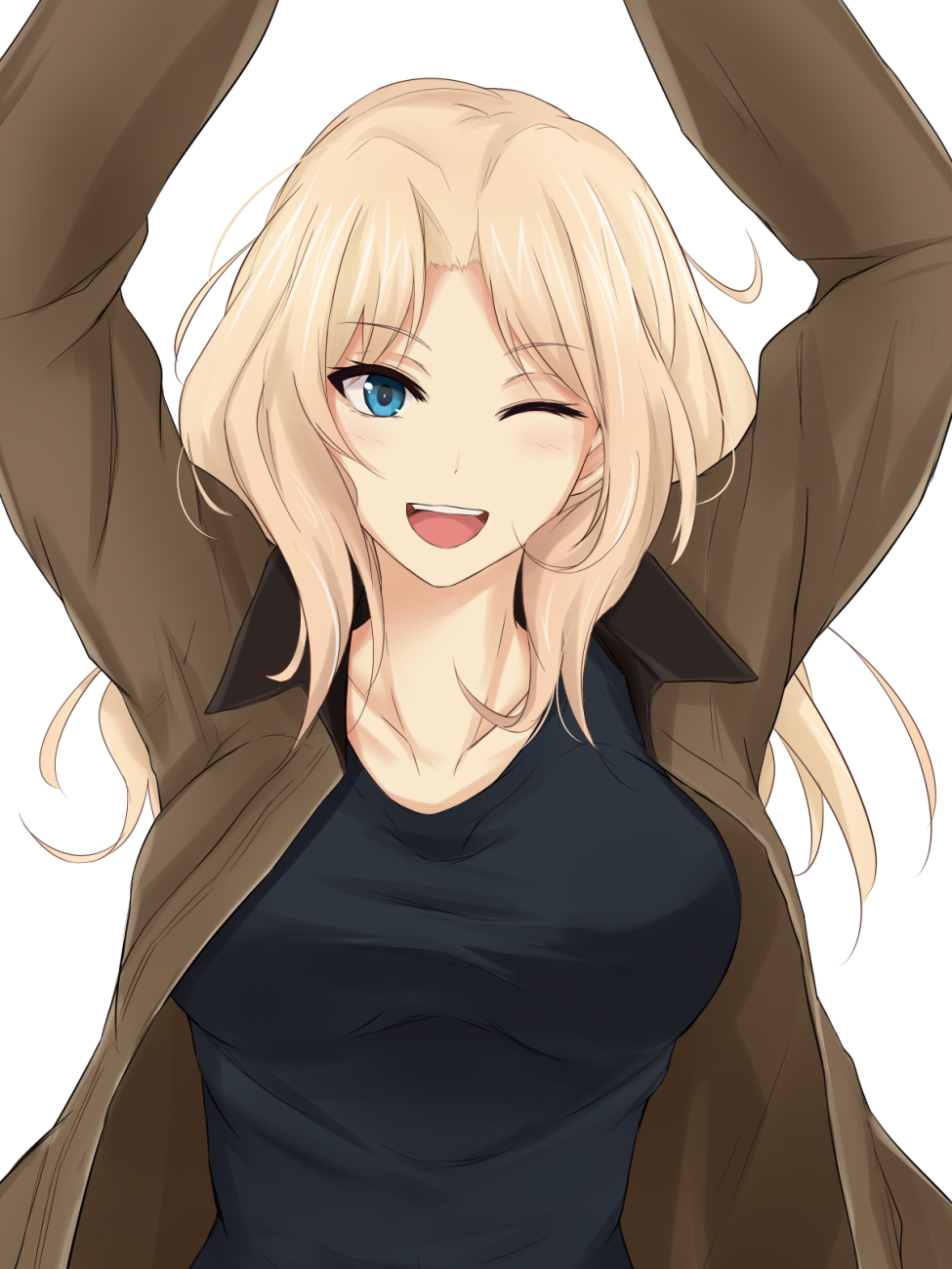 1girl ;d arms_up black_shirt blonde_hair blue_eyes blush breasts brown_jacket collarbone girls_und_panzer hair_intakes highres jacket kay_(girls_und_panzer) large_breasts long_hair long_sleeves looking_at_viewer one_eye_closed open_clothes open_jacket open_mouth piro_(iiiiiiiiii) shirt smile solo teeth upper_body white_background