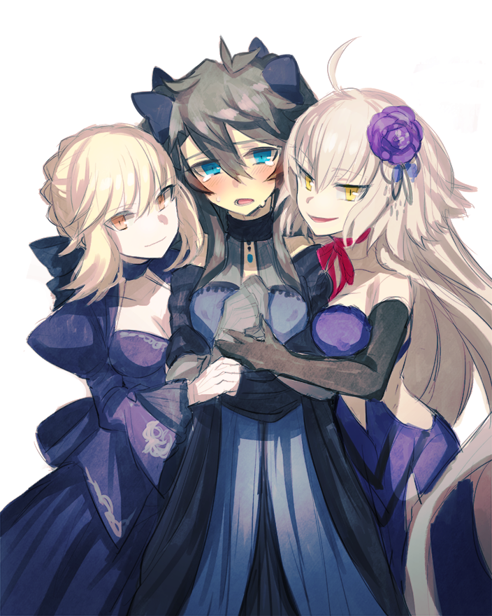 1boy 2girls black_hair blonde_hair blue_hair blush crossdressinging dress embarrassed fate/grand_order fate/stay_night fate_(series) fujimaru_ritsuka_(male) girl_sandwich gloves jeanne_alter long_hair looking_at_viewer multiple_girls ruler_(fate/apocrypha) saber saber_alter sandwiched simple_background smile trap white_background yellow_eyes