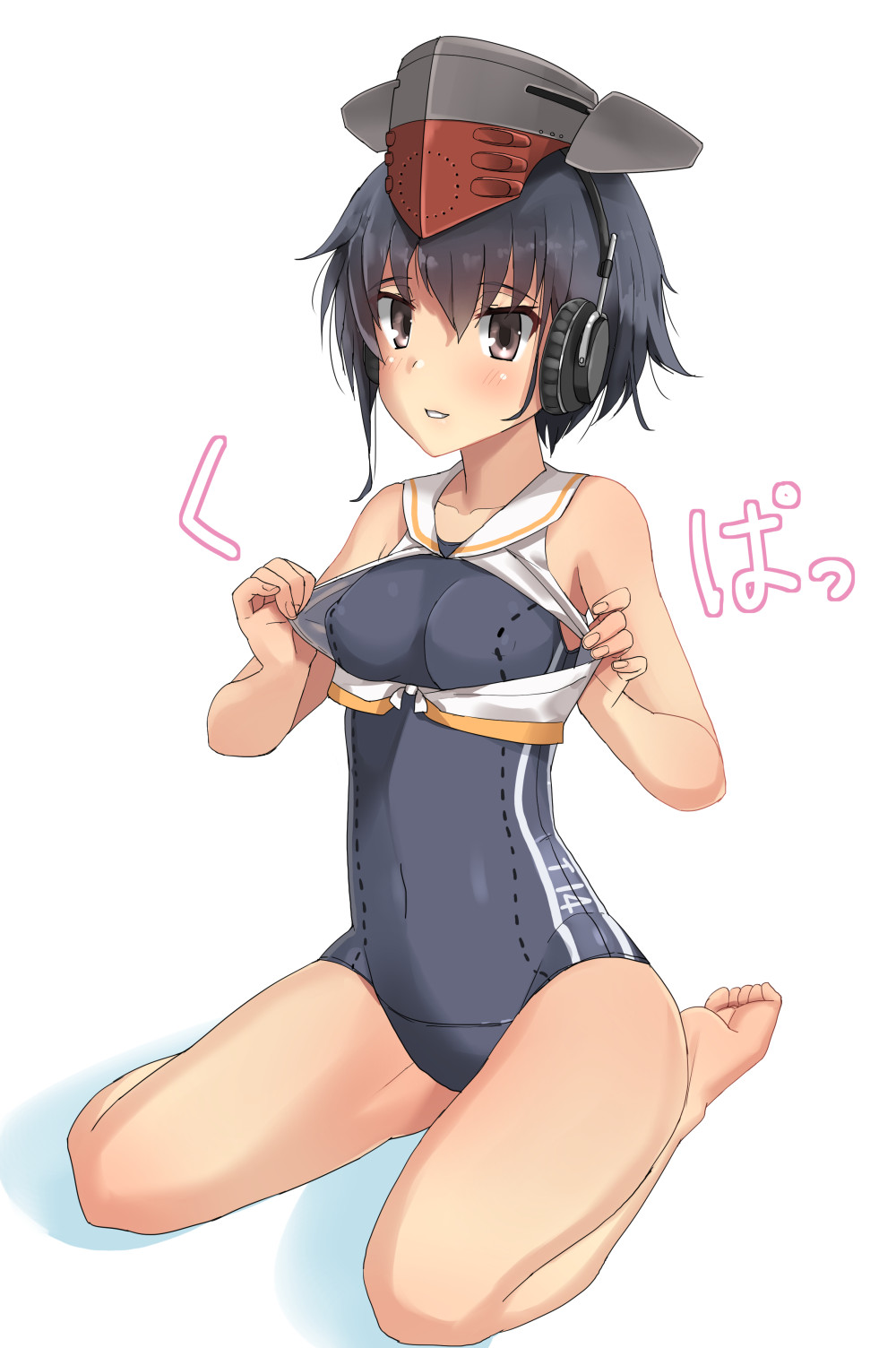1girl asymmetrical_hair black_hair blush breasts brown_eyes commentary_request full_body hair_between_eyes headphones highres i-14_(kantai_collection) kantai_collection medium_breasts parted_lips sailor_collar school_swimsuit short_hair simple_background smile soil_chopsticks solo swimsuit translation_request white_background
