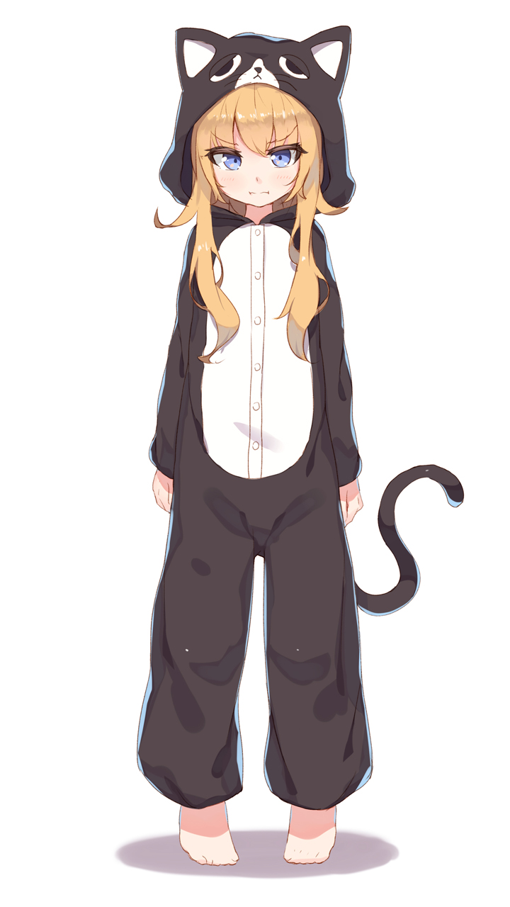 1girl animal_costume animal_ears animal_hood barefoot blonde_hair blush cat_costume cat_ears cat_hood cat_pajamas cat_tail full_body gabriel_dropout hair_ornament highres hood long_hair looking_at_viewer shone simple_background sketch tail tenma_gabriel_white white_background