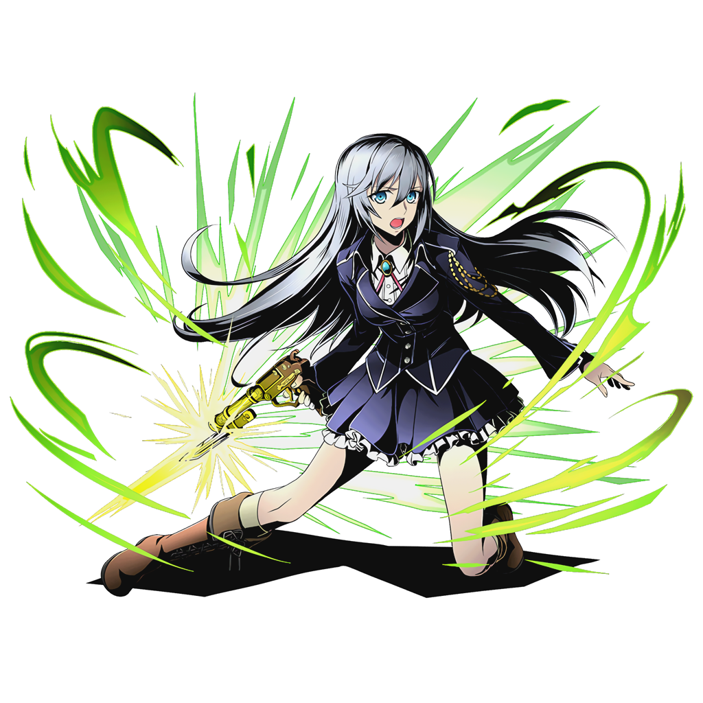 1girl blue_eyes blue_skirt boots bow brown_boots divine_gate full_body grey_hair gun gunblade hair_bow holding holding_gun holding_weapon knee_boots kneehighs la_folia_rihavein long_hair looking_at_viewer official_art one_knee open_mouth pleated_skirt shadow skirt solo strike_the_blood transparent_background ucmm weapon