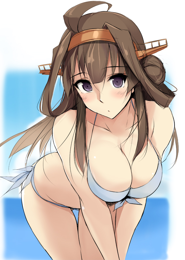 1girl :o ahoge arm bare_arms bare_legs bare_shoulders bent_over bikini blush breasts brown_hair cleavage collarbone double_bun female front-tie_top hair_intakes hairband headgear horizon kantai_collection kongou_(kantai_collection) large_breasts leaning leaning_forward legs long_hair looking_at_viewer midriff ocean sea side-tie_bikini solo standing swimsuit v_arms violet_eyes white_bikini zekkyon