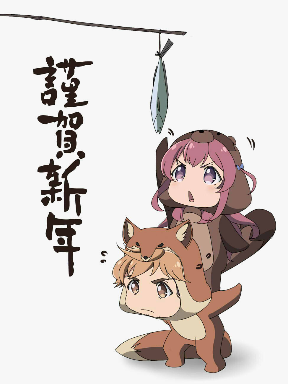 1boy 1girl animal_costume blonde_hair bow brown_eyes chibi commentary_request facial_hair fish fox_costume girlish_number hair_bow happy_new_year highres karasuma_chitose_(girlish_number) kuzu-p new_year no_nose open_mouth red_eyes redhead stubble tanuki_costume translated windwillows