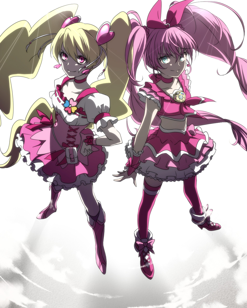 2girls blonde_hair blue_eyes boots bow braid brooch choker collarbone color_connection corset crop_top cure_melody cure_peach earrings fresh_precure! frilled_skirt frills full_body hair_bow hair_ornament hand_on_hip heart heart_earrings heart_hair_ornament highres houjou_hibiki jewelry jun_(kyurisin) knee_boots lens_flare long_hair looking_at_viewer magical_girl midriff momozono_love multiple_girls pink_boots pink_bow pink_choker pink_eyes pink_hair pink_legwear pink_shoes pink_skirt precure ribbon_choker shoes skirt smile standing suite_precure thigh-highs twintails white_background wrist_cuffs