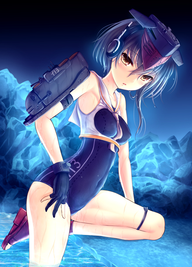 1girl asymmetrical_hair black_hair breasts brown_eyes gloves hair_between_eyes hat headphones i-13_(kantai_collection) ice kantai_collection machinery number open_mouth partly_fingerless_gloves ryu-akt sailor_collar school_swimsuit shirt short_hair single_glove solo swimsuit tsurime water