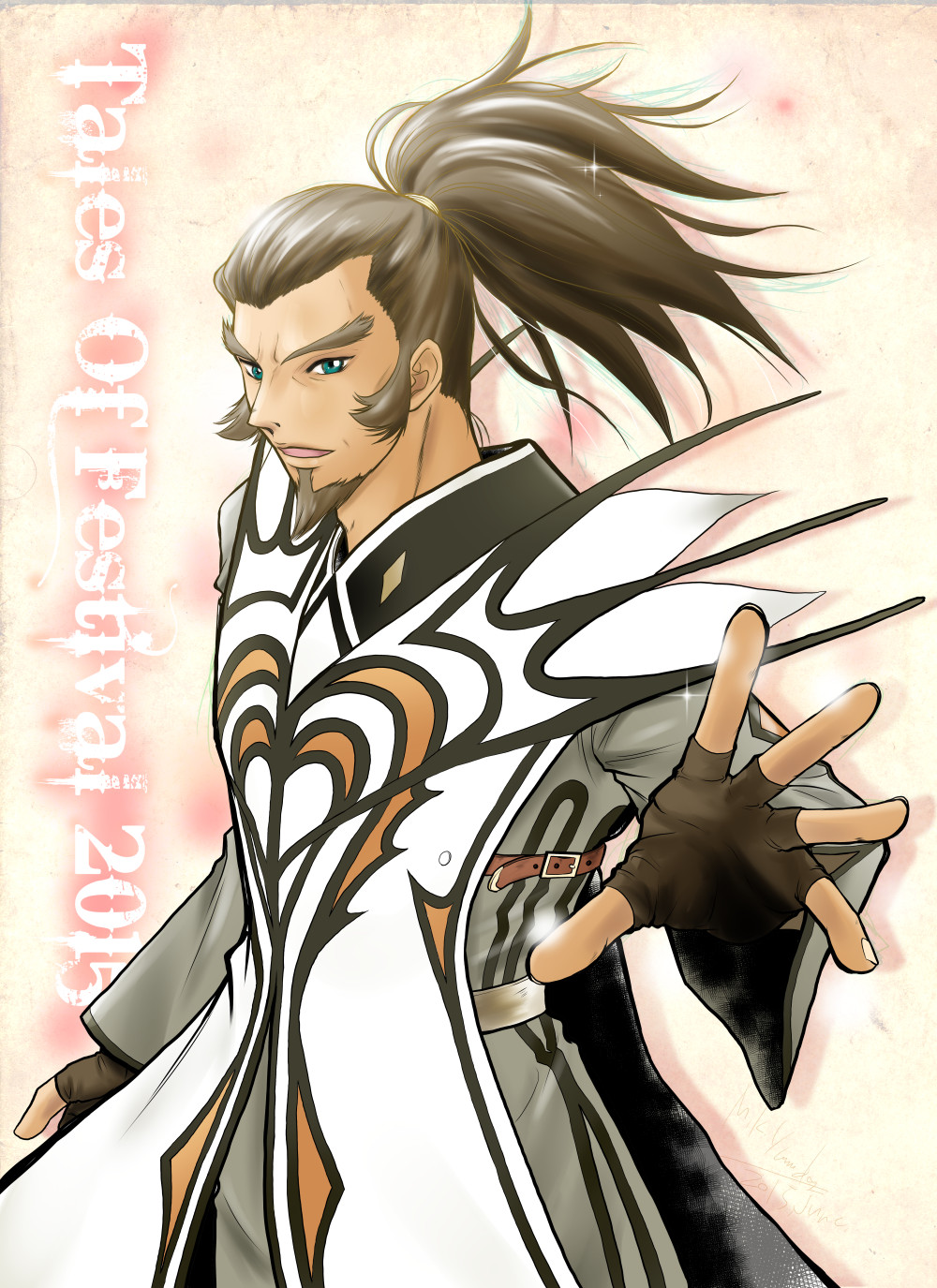1boy 2015 beard brown_hair copyright_name facial_hair fingerless_gloves gloves green_eyes highres long_hair m_k_yamada male_focus open_mouth ponytail solo sparkle tales_of_(series) tales_of_the_abyss upper_body van_grants