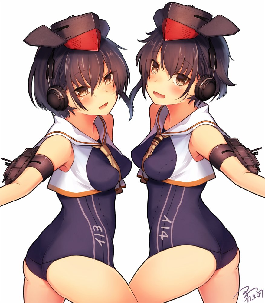 2girls ass asymmetrical_hair bare_shoulders black_hair boots breasts brown_eyes clothes_writing dated gloves hair_between_eyes hat headphones high_heel_boots high_heels i-13_(kantai_collection) i-14_(kantai_collection) kantai_collection koruta_(nekoimo) looking_at_viewer machinery multiple_girls neckerchief number partly_fingerless_gloves sailor_collar school_swimsuit shirt short_hair siblings signature sisters smile swimsuit twins white_background