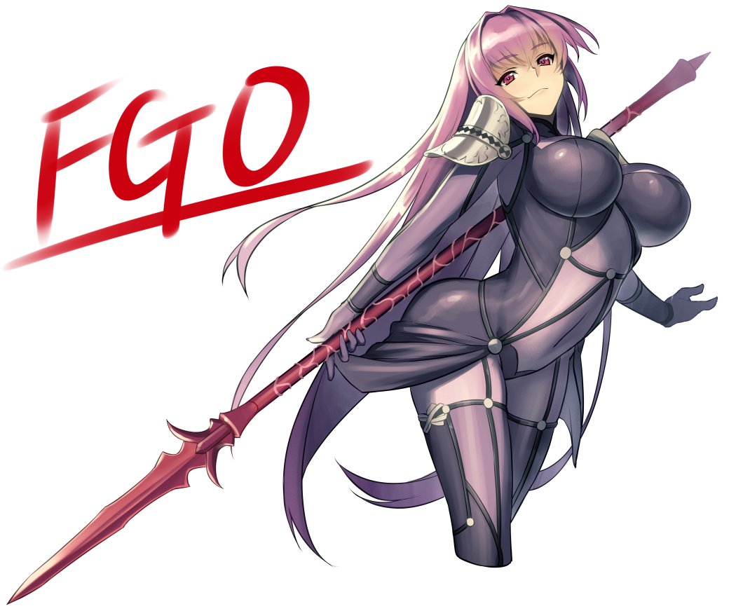 armor bodysuit breasts covered_navel fate/grand_order fate_(series) gae_bolg holding holding_weapon jonylaser large_breasts long_hair looking_at_viewer pauldrons polearm purple_bodysuit purple_hair red_eyes scathach_(fate/grand_order) shoulder_armor simple_background solo spear very_long_hair weapon white_background