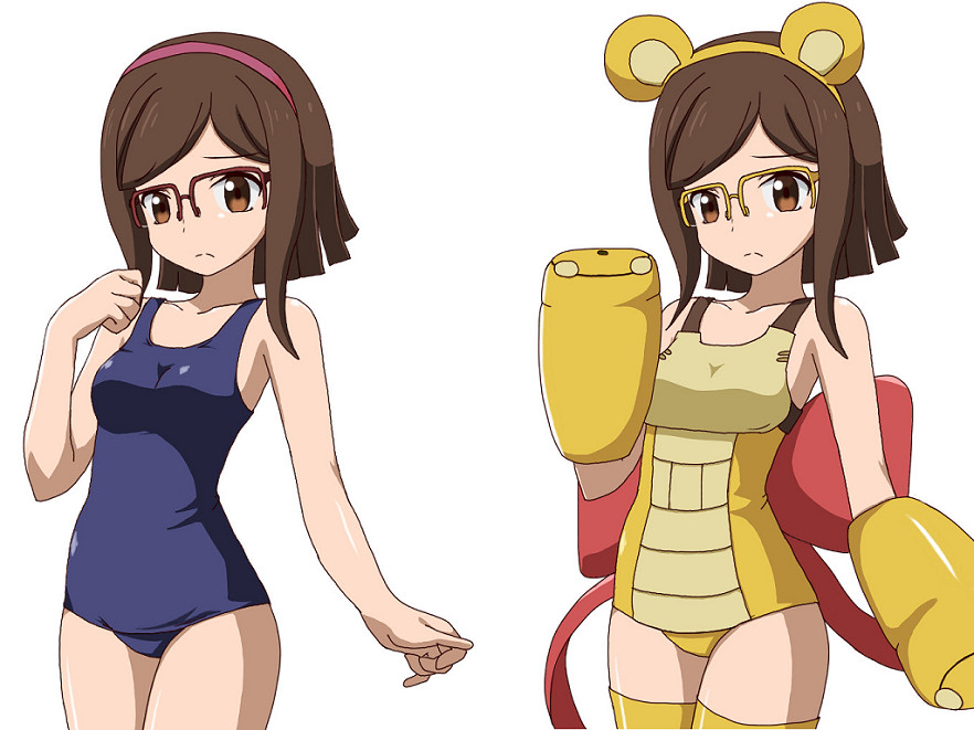 1girl alternate_costume blush brown_eyes brown_hair dual_persona glasses guchiaki gundam gundam_build_fighters hairband kousaka_china over-rim_glasses red-framed_eyewear semi-rimless_glasses short_hair solo swimsuit