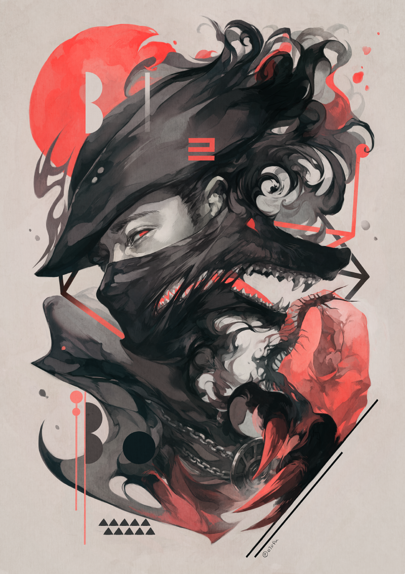 1boy animal black_hair bloodborne covering_mouth darkness hat hunter_(bloodborne) male_focus red_eyes short_hair solo wolf yso_ac