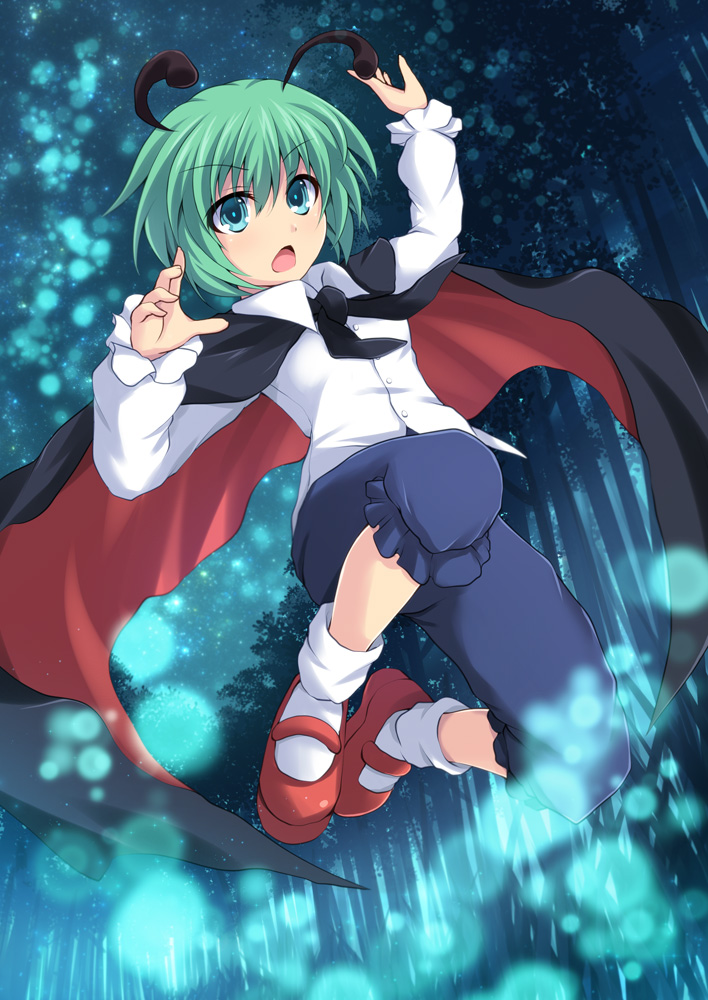 1girl antennae aqua_eyes cape cross_(crossryou) fireflies folded_leg forest green_hair hands_up jumping knickers long_sleeves looking_at_viewer nature night open_mouth outdoors shirt short_hair sky socks solo star_(sky) starry_sky touhou white_legwear white_shirt wriggle_nightbug