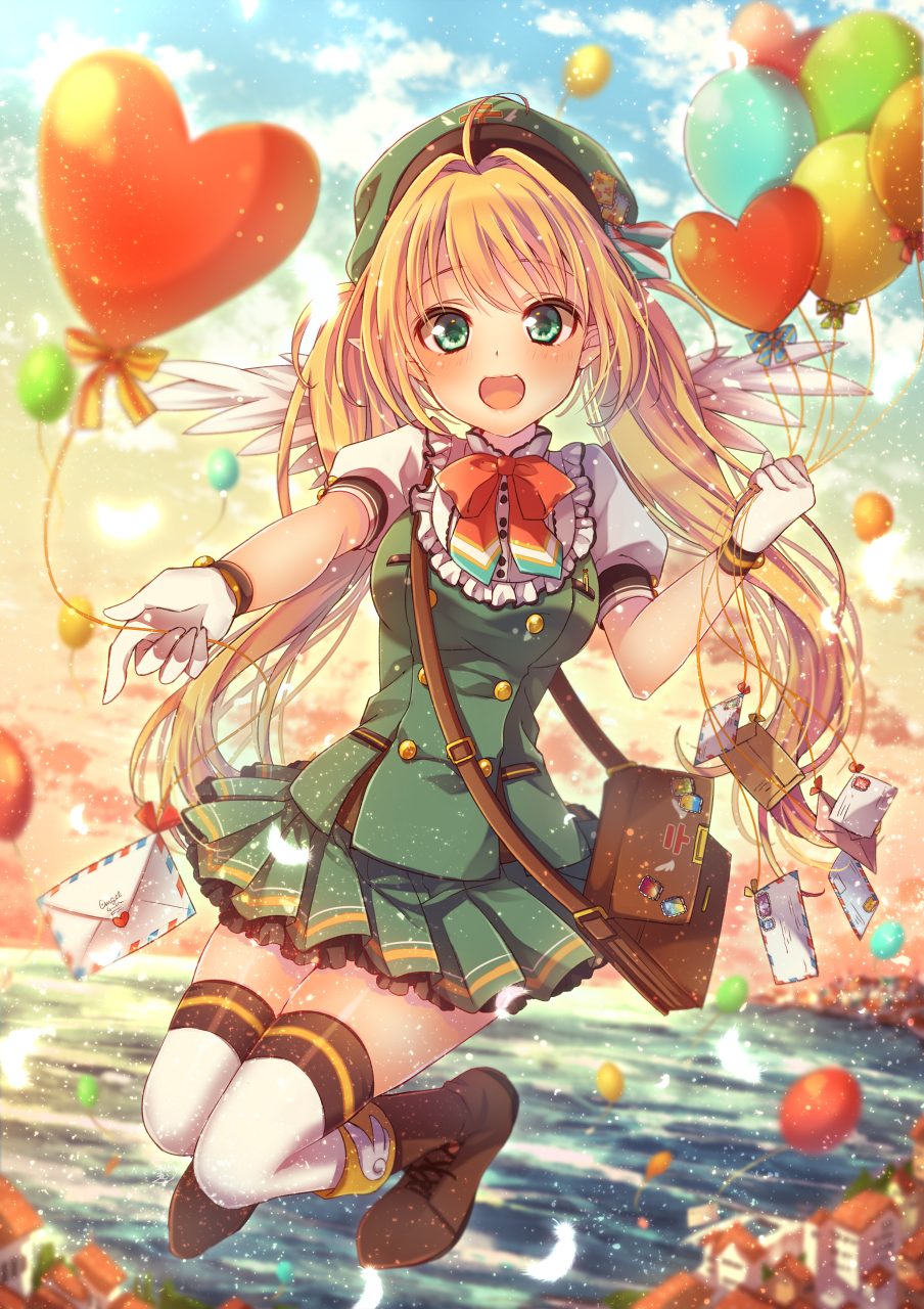 1girl :d ahoge angel angel_wings bag balloon bangs beret blonde_hair blurry boots breasts brown_boots clouds cloudy_sky day depth_of_field double-breasted eyebrows_visible_through_hair fang flying gloves green_eyes green_skirt hair_intakes hand_up hat heart_balloon highres holding_balloon knee_boots knees_together_feet_apart long_hair looking_at_viewer mailman medium_breasts mitsuhachi8 moe2016 ocean open_mouth original outdoors over-kneehighs petticoat pleated_skirt puffy_short_sleeves puffy_sleeves satchel short_sleeves skirt sky smile solo thigh-highs town twintails very_long_hair white_gloves white_legwear wings