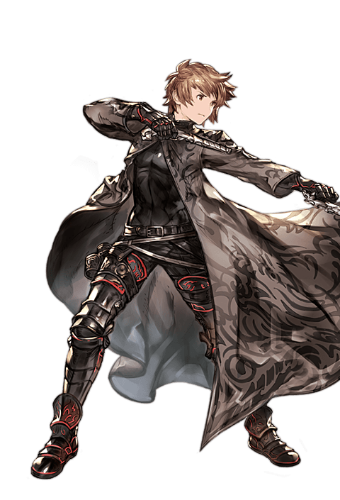 1boy alpha_transparency belt black_boots bodysuit boots brown_eyes brown_hair full_body gran_(granblue_fantasy) granblue_fantasy gun gunslinger_(granblue_fantasy) holster looking_afar male_focus minaba_hideo neon_trim official_art short_hair solo transparent_background trench_coat weapon wide_stance