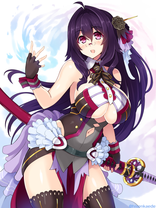 1girl black_hair breasts cleavage cu-no fingerless_gloves glasses gloves kikyou-0423 large_breasts long_hair looking_at_viewer navel pince-nez red_eyes shishou_(cu-no) solo sword thigh-highs weapon